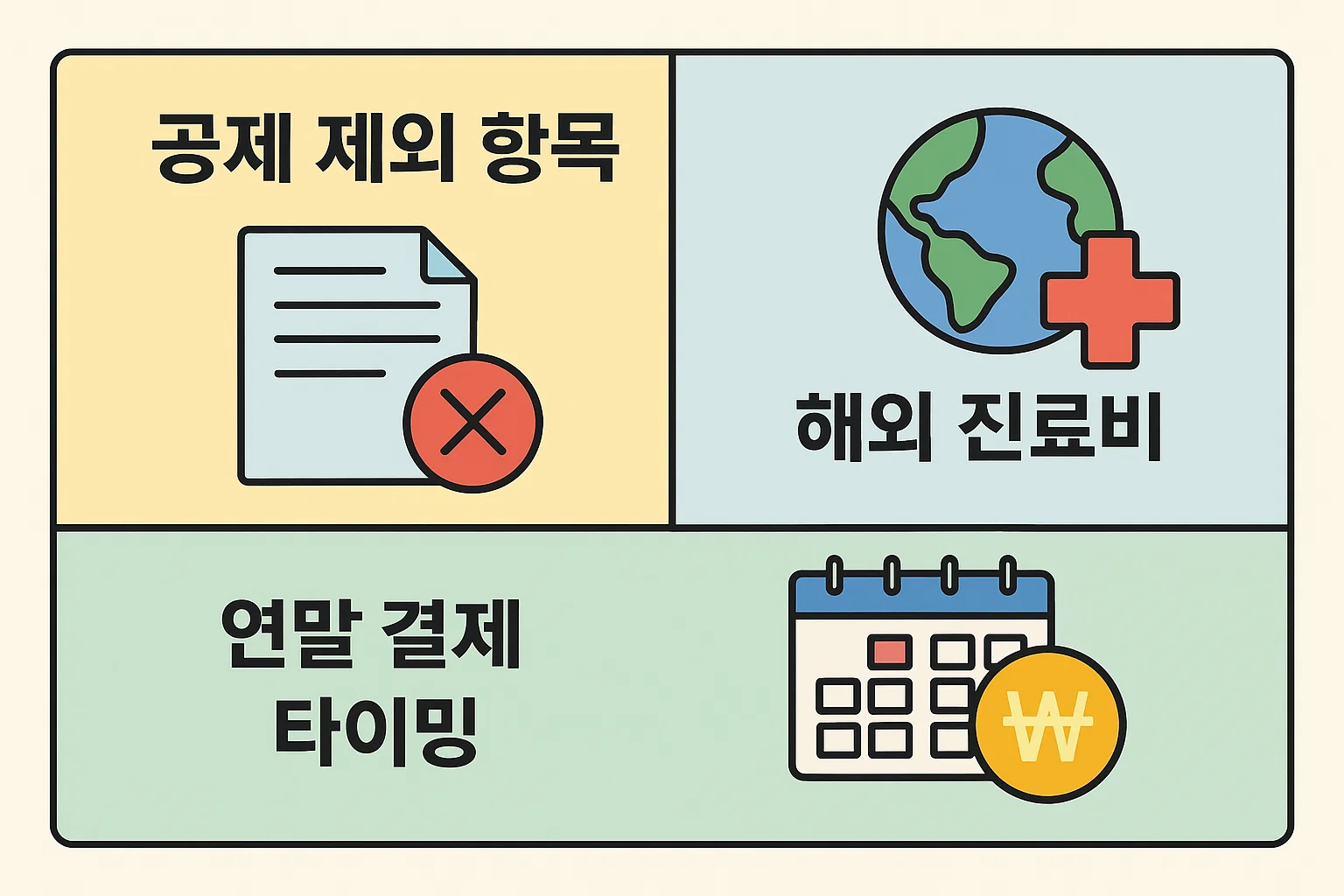 공제 제외 항목, 해외 진료비 처리, 연말 결제 타이밍 등 의료비 연말정산 시 주의해야 할 핵심 유의사항을 정리한 인포그래픽