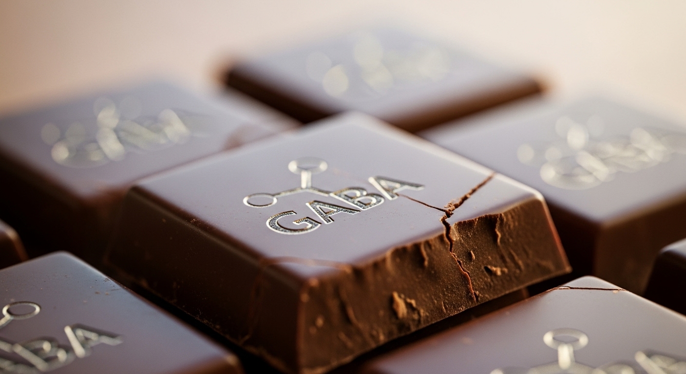 고급스러운 다크 초콜릿 조각 위에 가바 분자 기호가 새겨진 모습, 가바초콜릿의 특징을 시각화