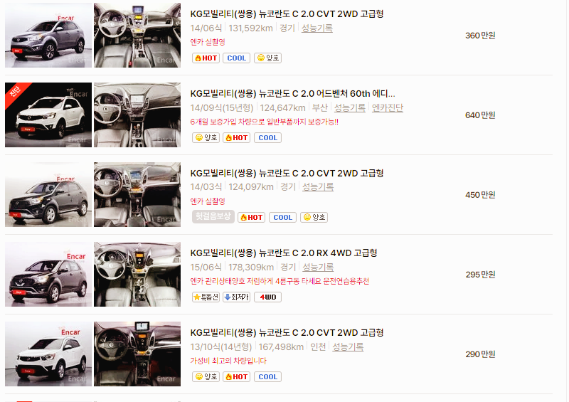 KG모빌리티 코란도 중고차 가격 시세표 24년10월