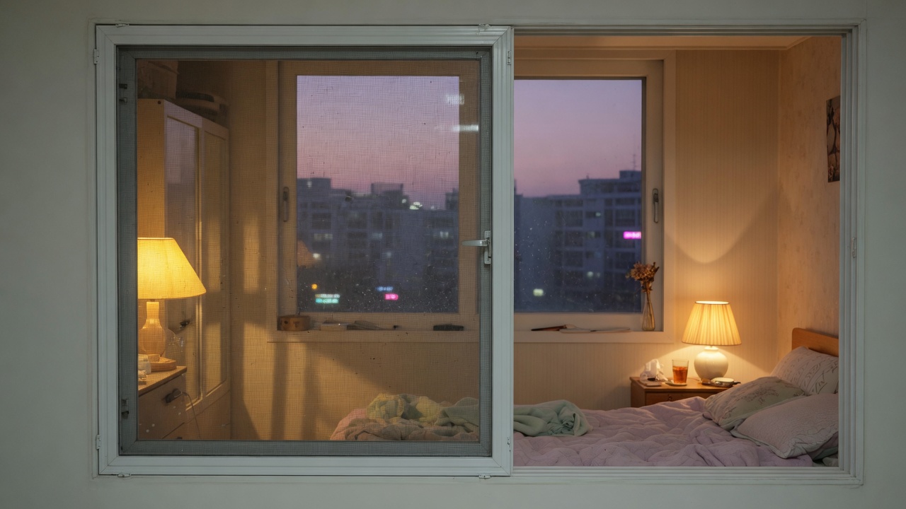 저녁 방충망 닫힌 창문