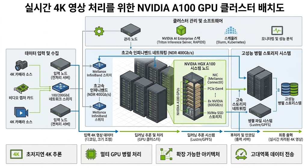 고해상도 딥페이크 탐지를 위한 다중 NVIDIA A100 GPU 클러스터의 데이터 병렬 처리 및 메모리 분산 구조도