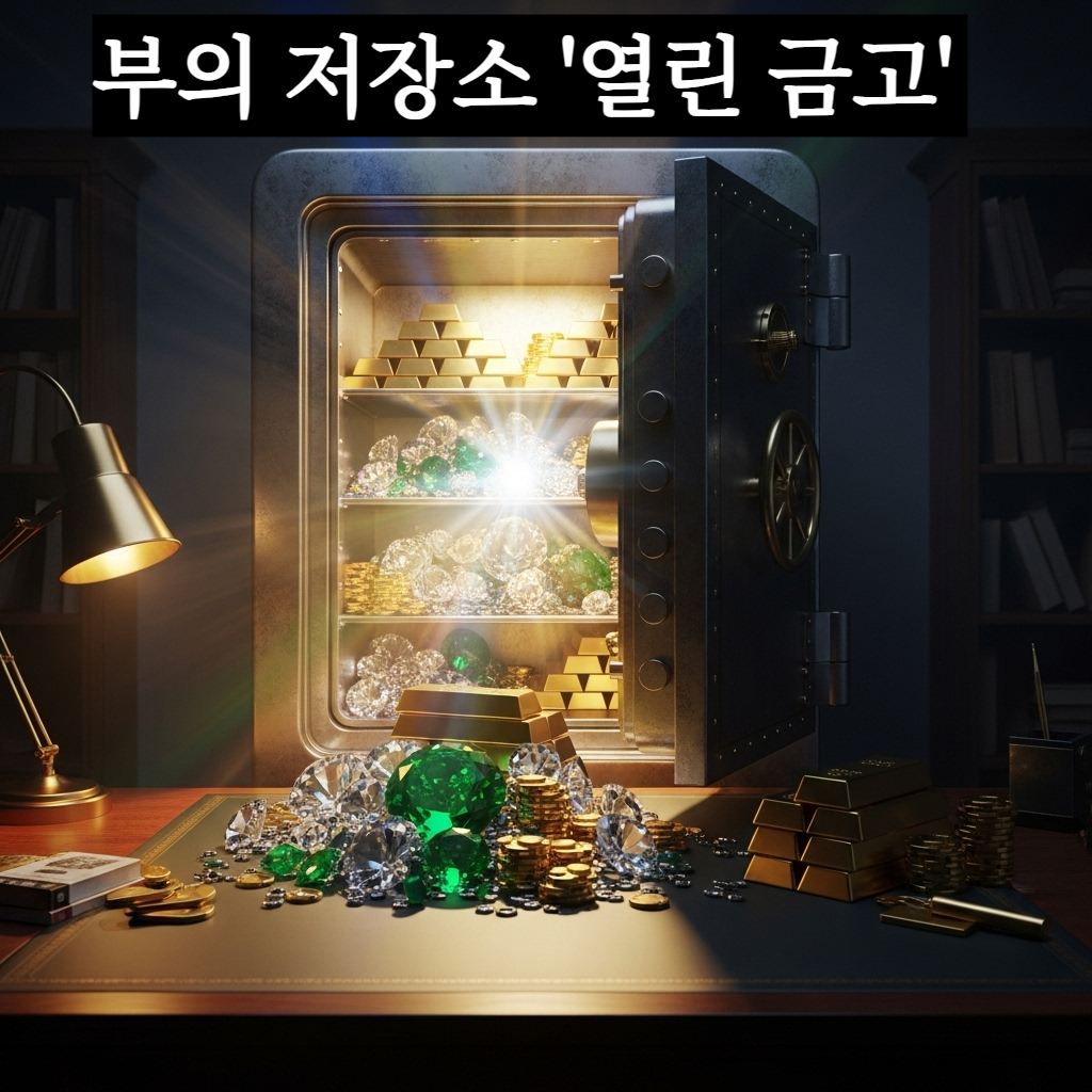 강철 금고가 활짝 열리며 그 안에서 눈부신 다이아몬드와 황금바가 쏟아져 나오는 신비롭고 풍요로운 분위기의 일러스트