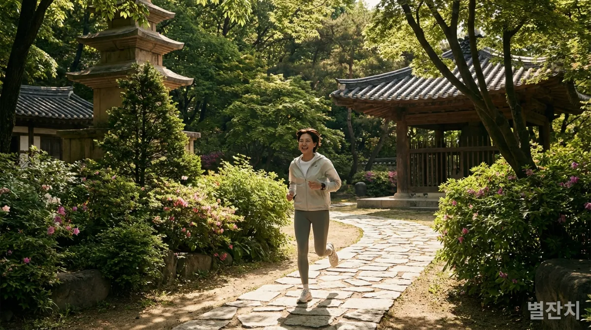 한국 공원에서 조깅하는 사람