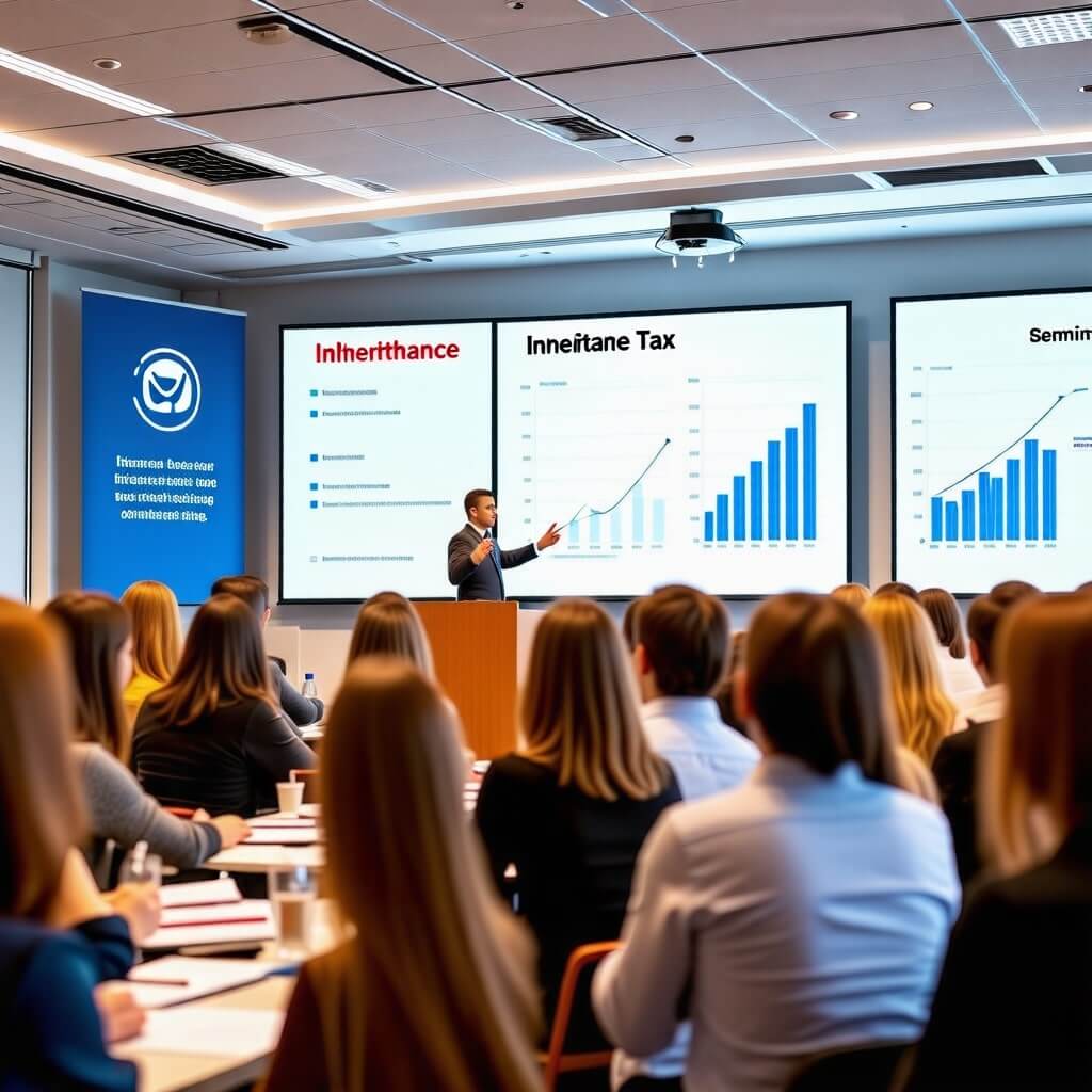 상속세 관련 세미나: 사람들이 모여 상속세 개편에 대한 세미나에 참석하는 모습. 발표자가 강의하는 장면이 보인다.