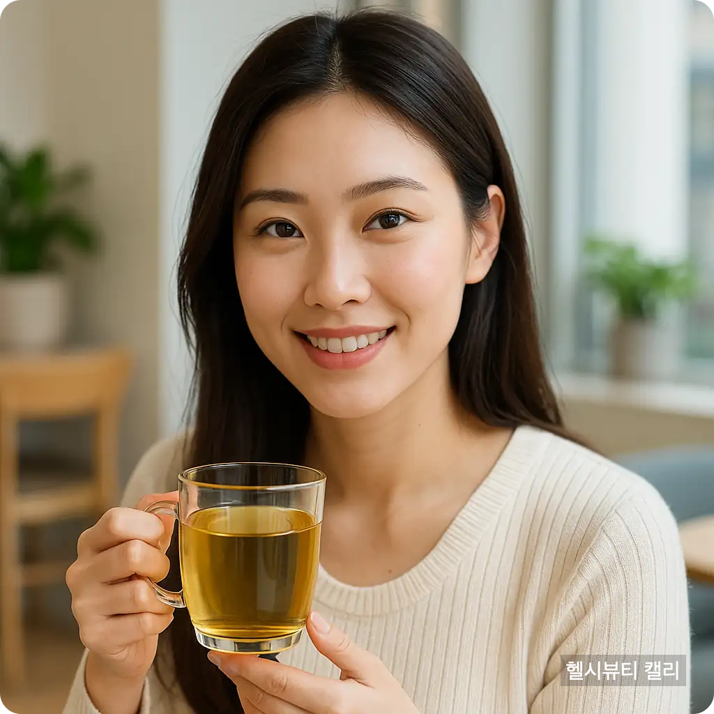 한국의 젊은 여성이 밝은 카페에서 허브티를 들고 환하게 웃고 있는 정사각형 썸네일 이미지