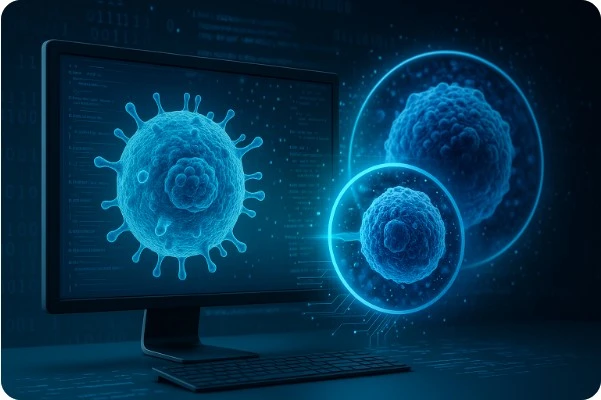 디지털 트윈 기술로 구현된 세포와 실제 세포가 중첩된 모습