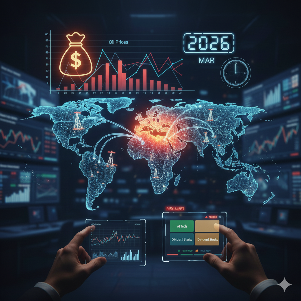 2026년 3월 글로벌 경제 및 중동 지정학적 리스크 대시보드, 유가 차트와 AI 및 배당주 포트폴리오 관리 분석 화면