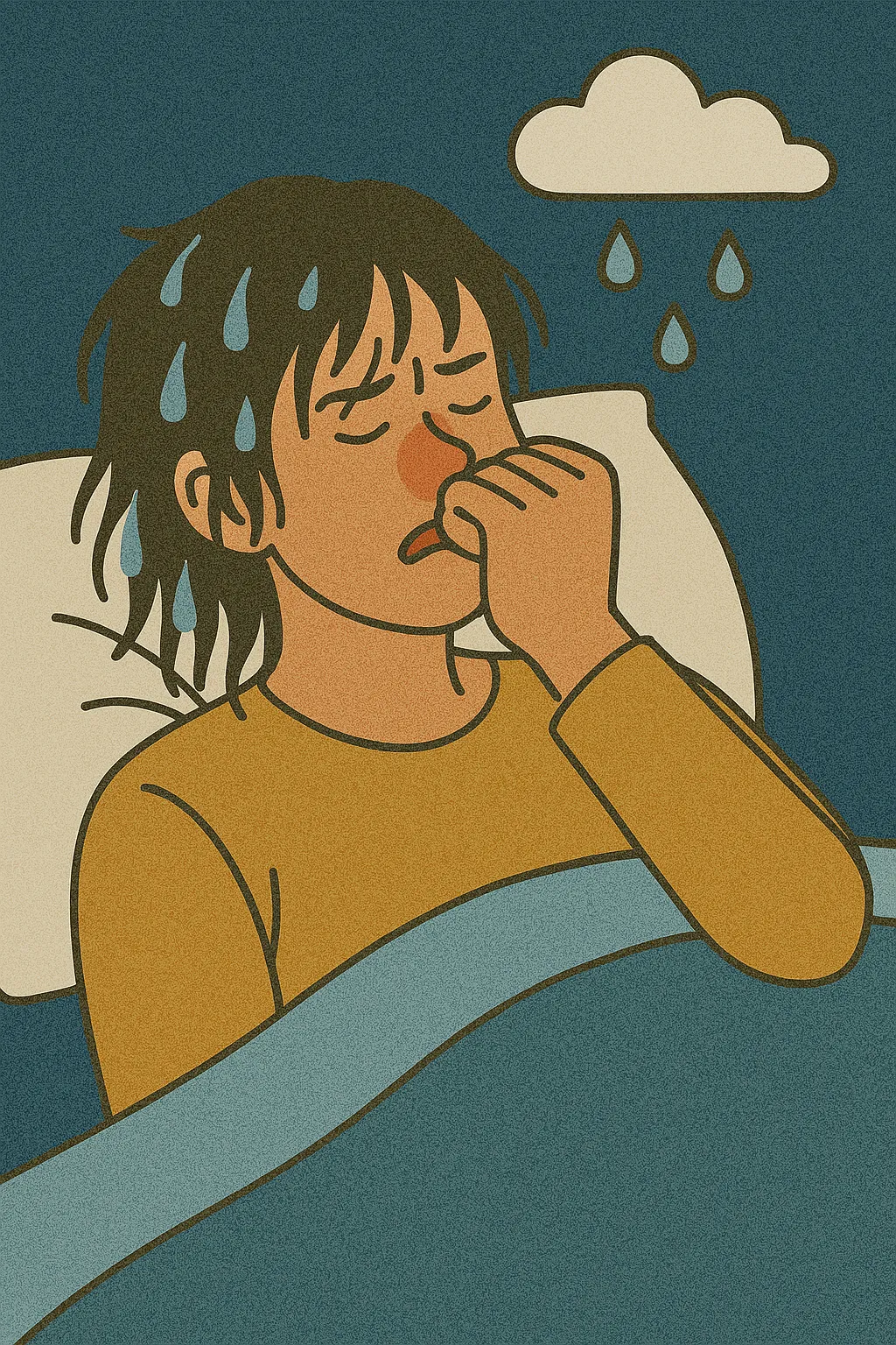 젖은-머리로-잠자리에-든-사람이-콧물을-흘리는-일러스트