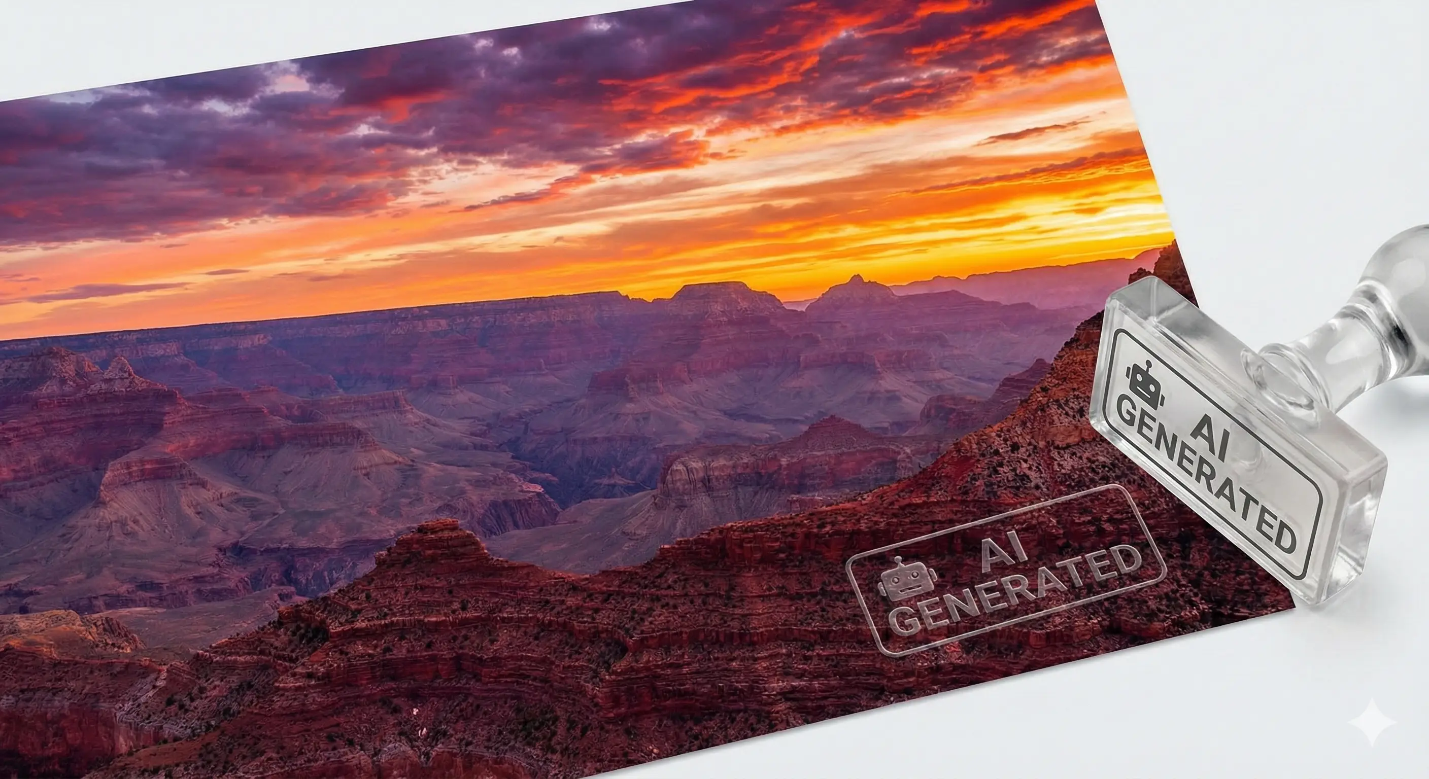 화려한 풍경 사진 한쪽 구석에 'AI Generated'라는 투명한 스탬프가 찍히는 모습