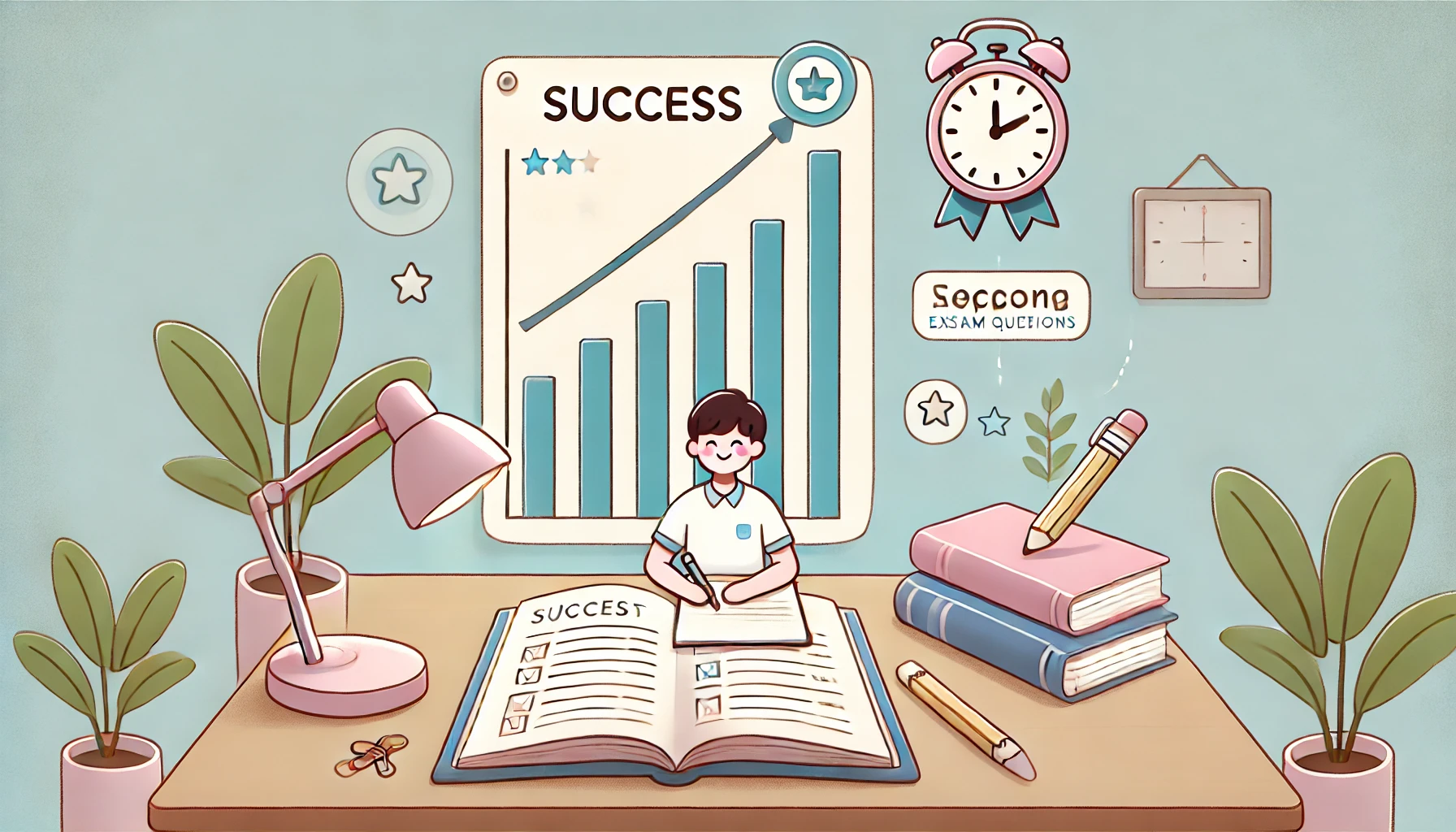 기출문제 풀이 후 성적이 향상되는 과정을 밝고 긍정적인 느낌으로 담은 그래프 일러스트