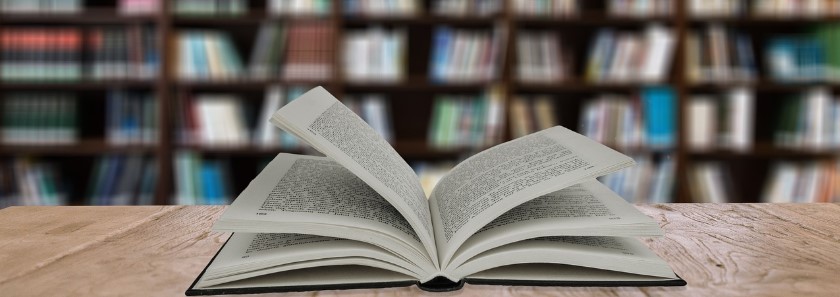 뒤에 있는 책장에는 여러 책이 꽂혀 있고 , 앞의 책상에는 책 한권이 펼져 있는 그림