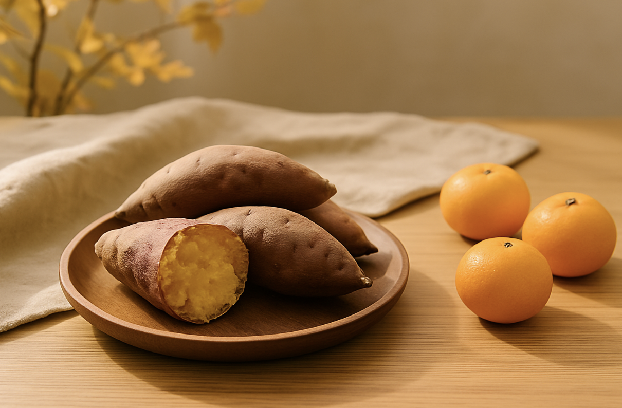 나무 접시에 담긴 구운 고구마와 옆에 놓인 귤 세 개 사진