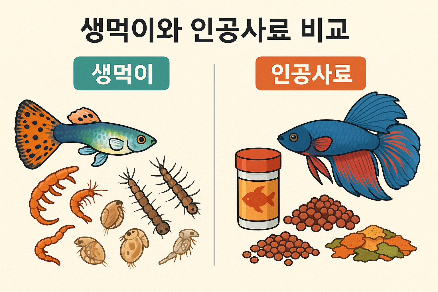 물고기 먹이 비교를 설명하는 일러스트 이미지. 왼쪽에는 구피와 함께 브라인 쉬림프, 실지렁이, 물벼룩, 모기 유충 등 다양한 생먹이가 그려져 있고, 오른쪽에는 베타와 함께 건사료, 플레이크 사료, 펠렛 등이 표현되어 있다. 상단에는 “생먹이와 인공사료 비교”라는 문구가 한글로 적혀 있다.