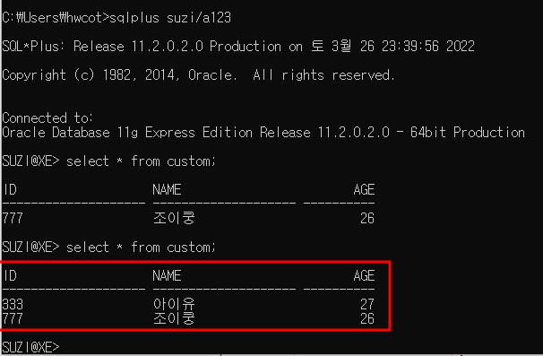 insert를 제외하고 나머지는 주석 처리 후 main을 실행한 결과
