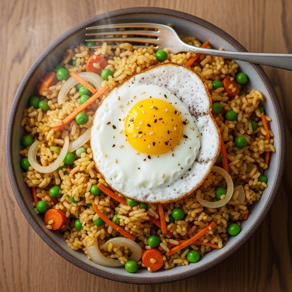 다진 채소와 계란 프라이가 올려진 다채로운 채소 볶음밥. 냉장고 자투리 채소 활용 레시피를 보여주는 이미지.