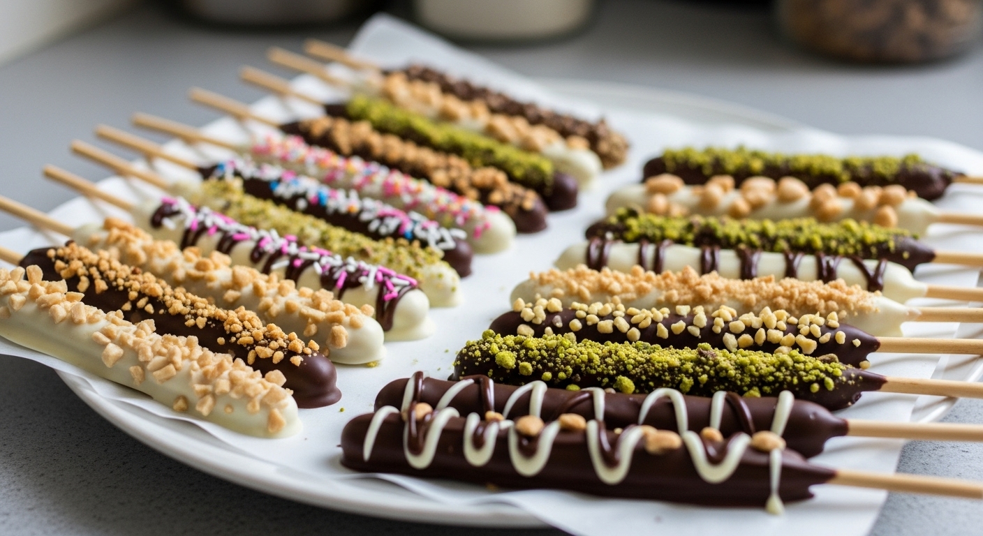 다양한 토핑이 뿌려진 수제 빼빼로들이 유산지 위에 놓여 굳어가고 있는 모습.