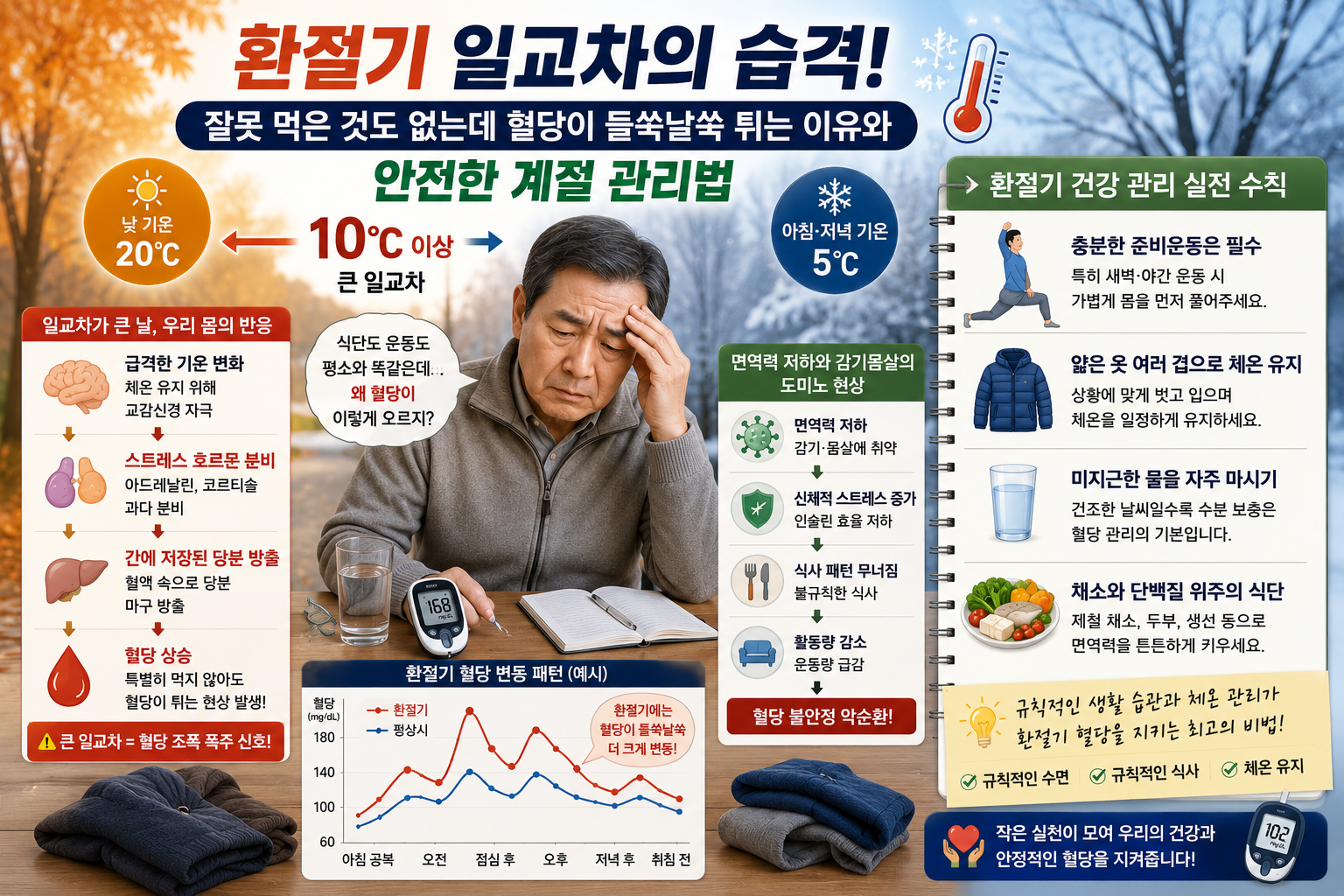 환절기 일교차로 체온이 떨어진 중년 남성이 겉옷을 입고 혈당을 확인하며 감기와 혈당 관리를 하는 모습