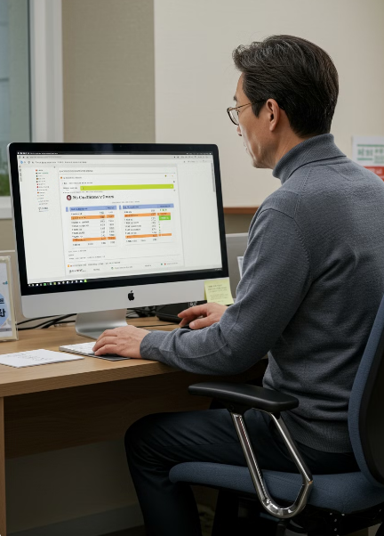 개인택시 자격조건을 컴퓨터로 알아보고 있는 50대 남성