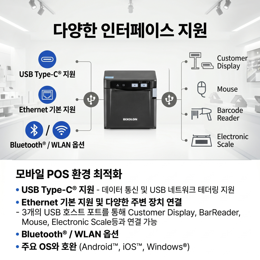 빅솔론,SRPQ300II,POS프린터,감열식영수증프린터,영수증프린터,모바일POS,mPOS,키오스크프린터,감열프린터,포스프린터
