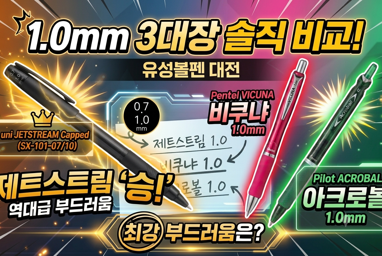 제트스트림이 '미끄러지듯 부드럽다'면, 아크로볼은 '쫀득하고 정갈하게 부드럽다'는 표현이 어울립니다. 1.0mm임에도 번짐이나 뭉침 현상이 세 제품 중 가장 적어 글씨체가 흐트러지지 않게 잡아줍니다.