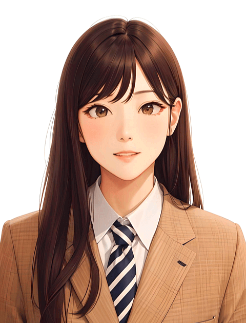 긴 생머리 여학생이 정면을 본다. 두 눈이 매우 큰 예쁜 소녀로 연갈색 교복을 입었다. 매우 단덩하게 생긴 착한 소녀다.