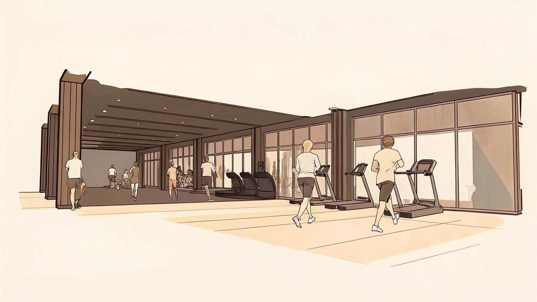 사람들이 런닝머신과 다양한 운동기구를 이용해 운동하고 있는 헬스장 내부를 묘사한 일러스트로, 넓은 유리창을 통해 자연광이 들어오고 모던한 인테리어가 돋보이는 실내 운동 공간.
