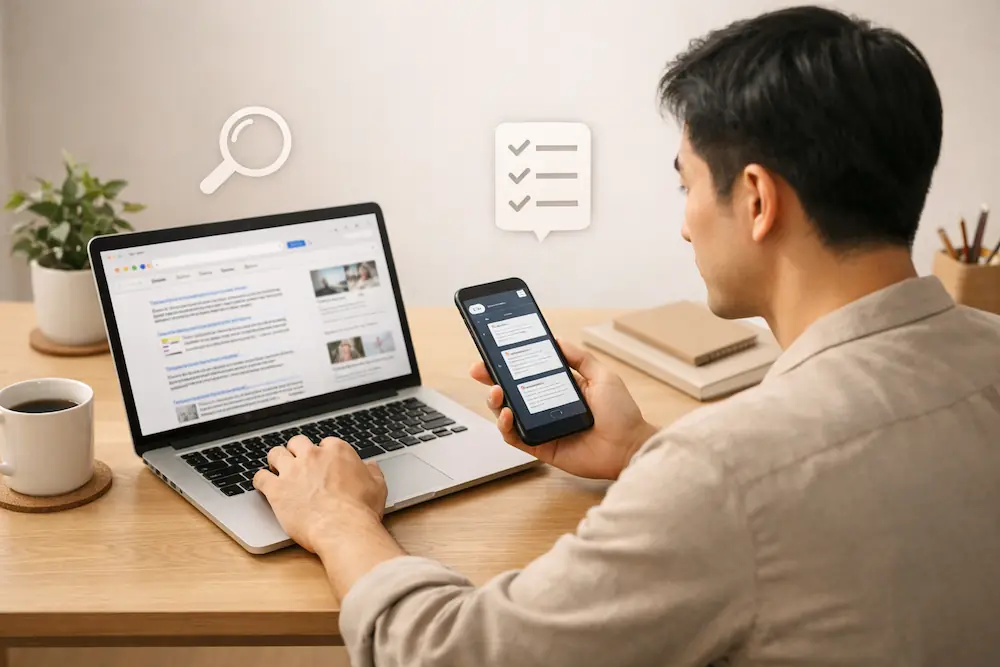 노트북 검색 화면과 스마트폰 AI 대화 화면을 비교하며 생활정보를 찾는 동양인 성인의 미니멀 책상 장면