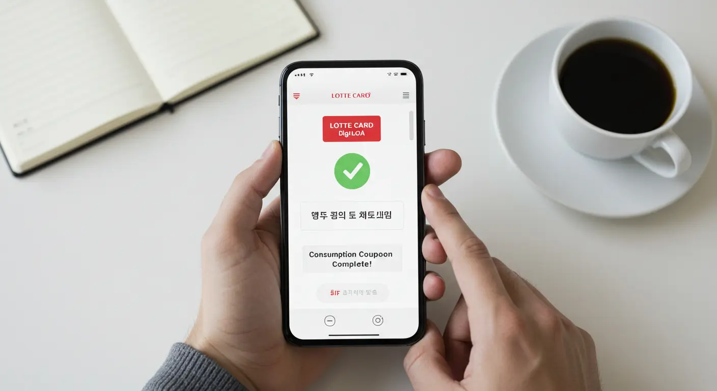한 사람이 스마트폰의 롯데카드 디지로카 앱을 통해 민생회복 소비쿠폰 신청을 완료하고 확인 화면을 보고 있는 모습