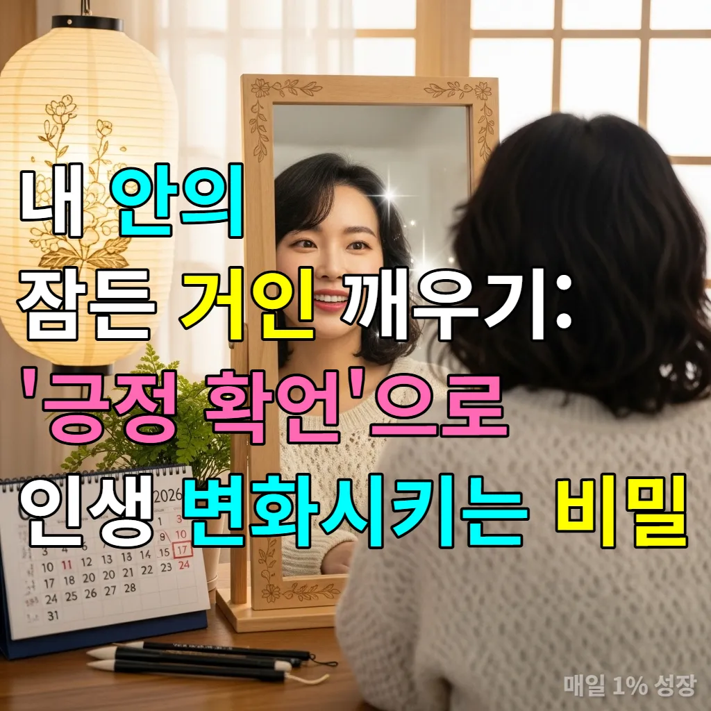거울을 보며 긍정 확언을 하는 한국 여성의 모습, 자신감 넘치는 표정.