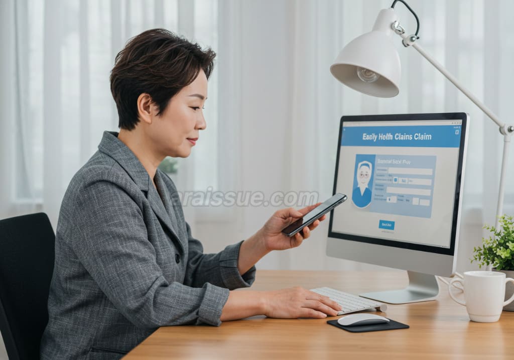 자동화된 실손보험 청구 절차로 보험금이 승인된 화면을 확인하는 한국 중년 여성. 서류 작업 없이 간편하게 보험금을 받는 모습입니다.