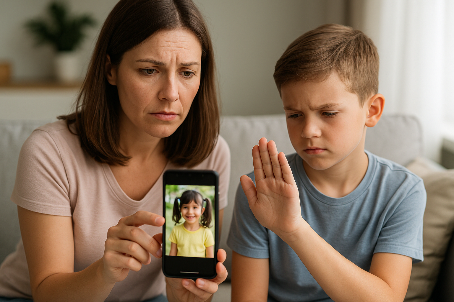 엄마가 아이의 사진이 담긴 스마트폰을 보여주자, 초등학생 아들이 손을 들어 공유를 거부하는 모습. 아이의 프라이버시를 존중하는 순간을 표현.