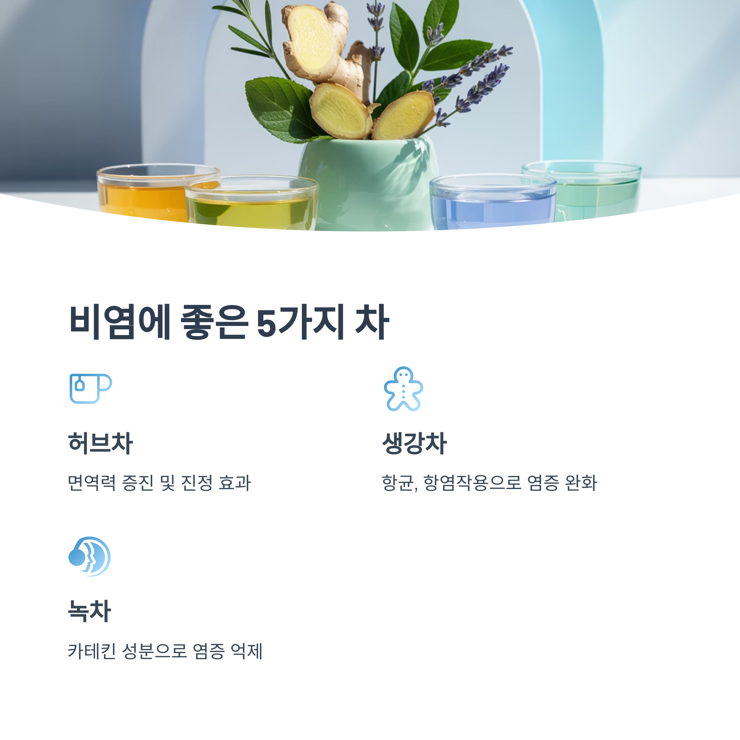 라벤더, 생강, 허브가 꽂힌 화병과 함께 다양한 색의 차가 놓인 장면. "비염에 좋은 5가지 차"라는 제목 아래 허브차, 생강차, 녹차 등의 효능이 소개되어 있음.