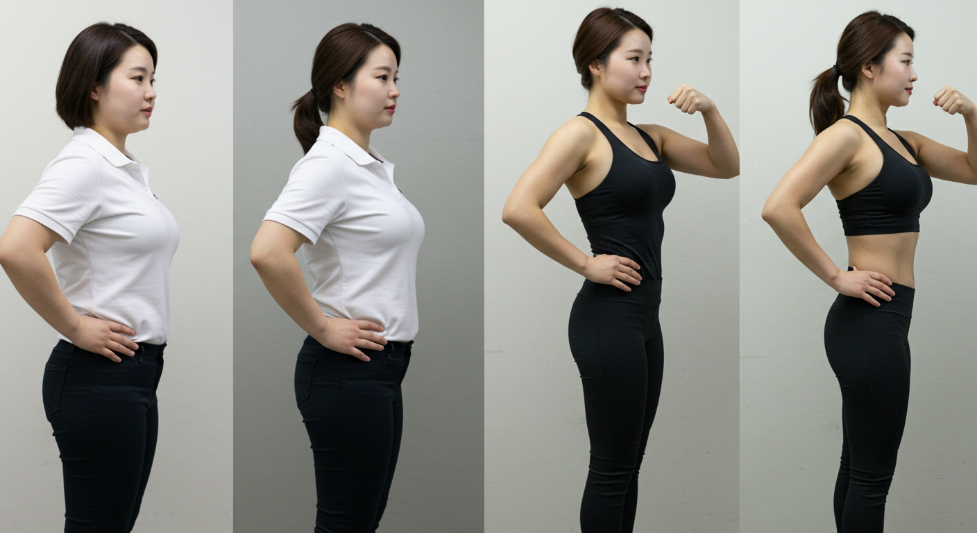 "식단-운동 병행 접근법으로 성공한 한국인(직장인, 주부, 학생)의 전후 변화 모습 - 일관된 비교 사진"