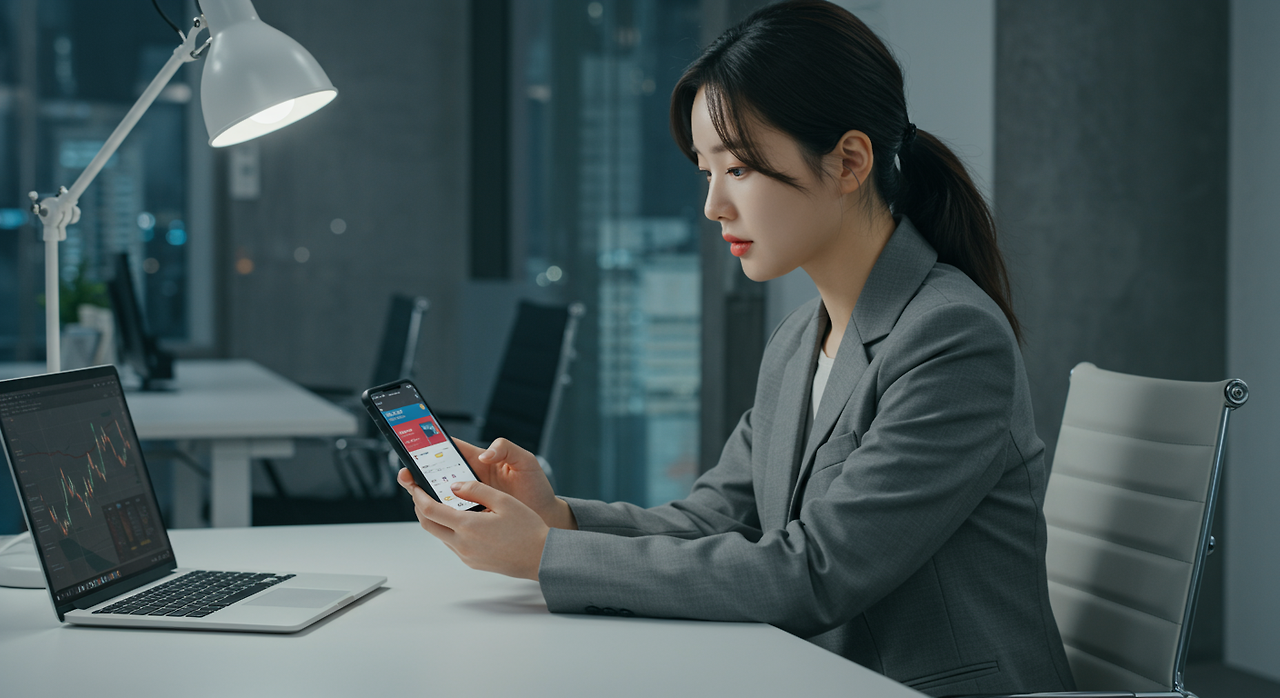 현대적인 사무실에서 스마트폰으로 비대면 증권 계좌를 탐색하는 비즈니스맨