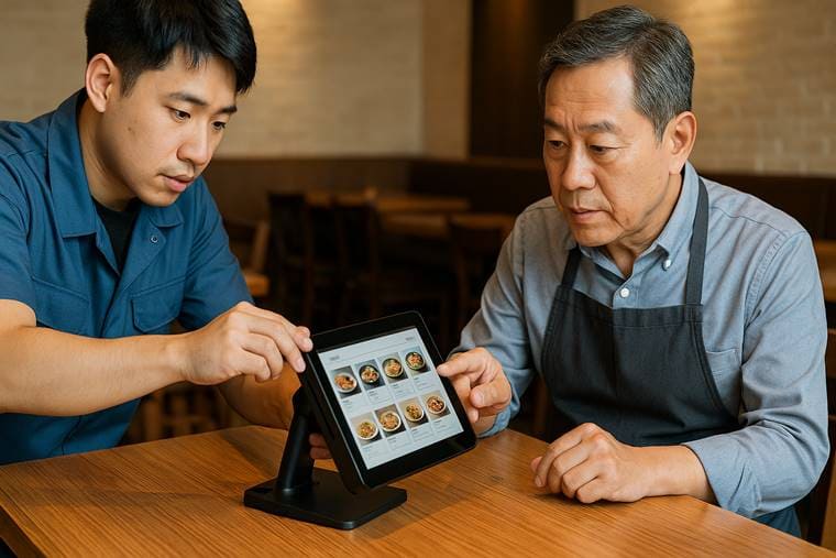 스마트외식혁신지원으로 테이블오더를 설치 중인 외식업 매장의 모습