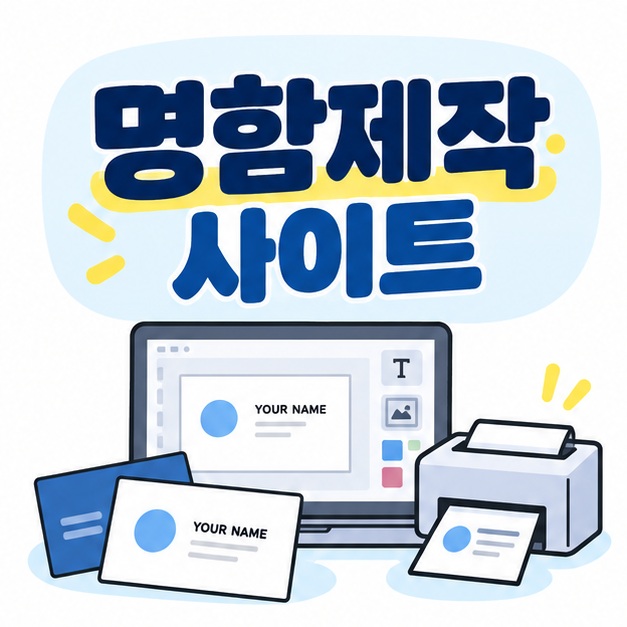 명함제작 사이트 문구와 심플한 명함, 온라인 편집 화면, 인쇄기 아이콘을 보여주는 대표 카드