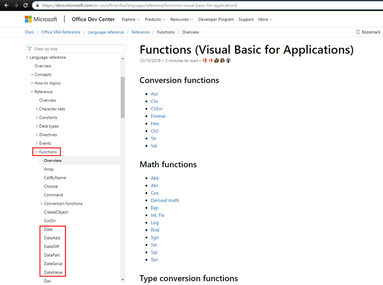 Miscrosoft 사이트의 vba 도움말