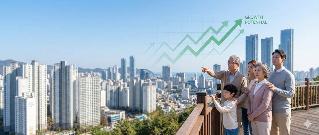 부산의 현대적인 스카이라인을 배경으로 한 가족이 부동산 시장의 미래를 진지하게 바라보는 모습, 다주택자 대출 규제 속 부산 부동산 전망을 나타냄.