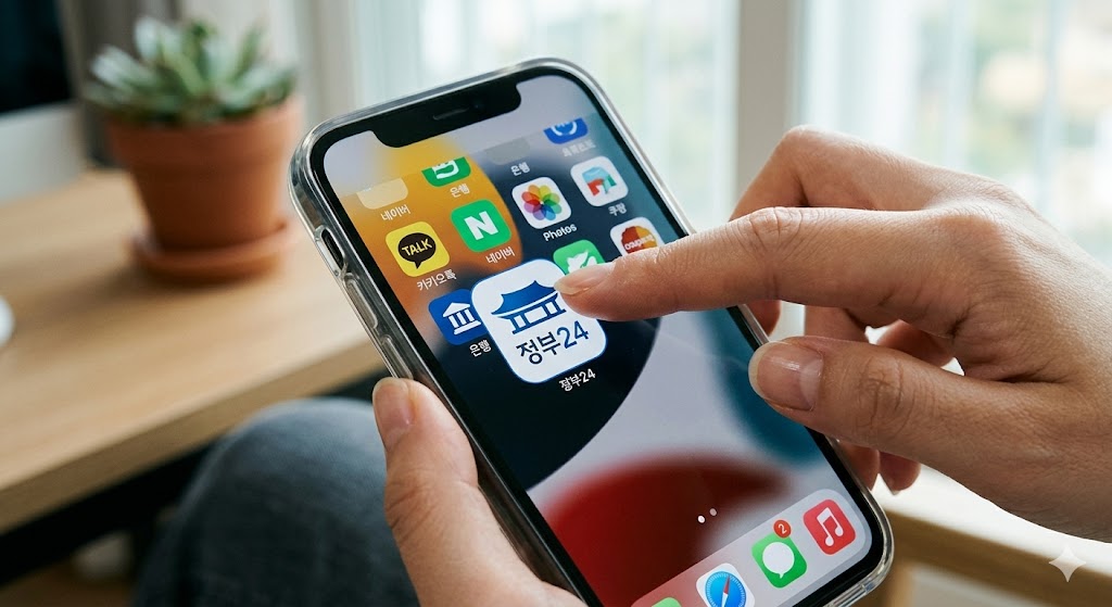 정부24 앱 내에서 전입신고 주소지 입력 및 확정일자 동시 신청 옵션을 선택하는 화면