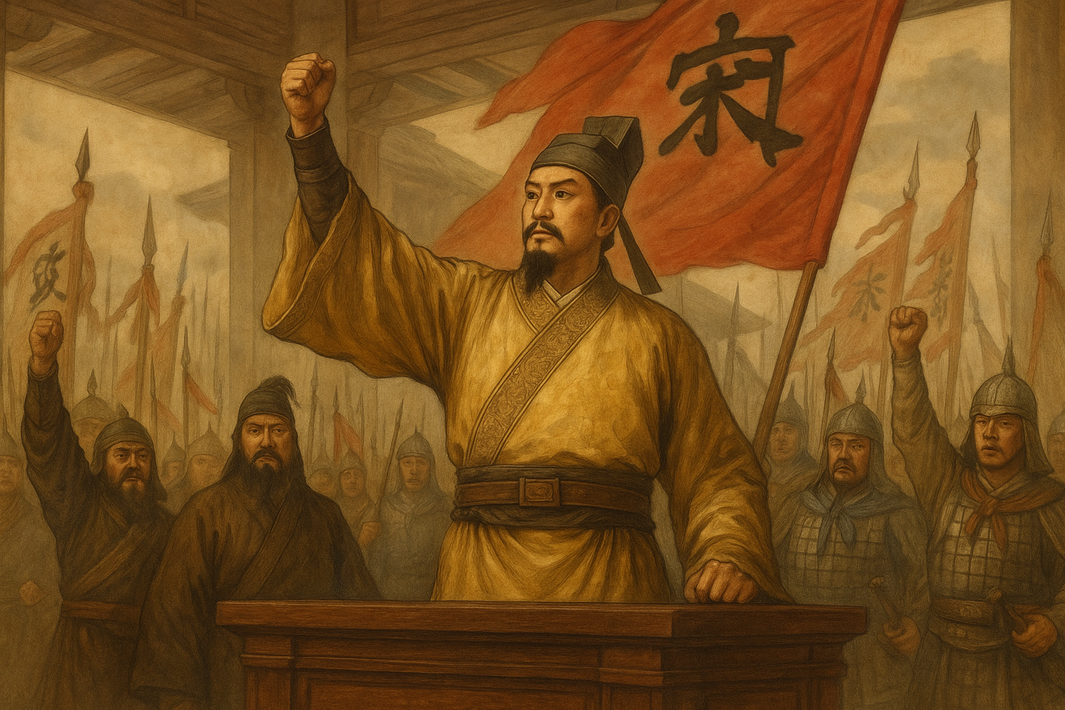후주의 장군이었던 조광윤은 병권을 장악한 후 송나라를 건국하는 모습을 상징하는 그림