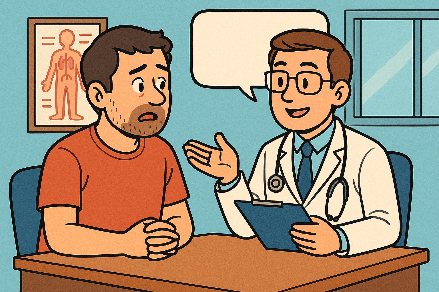 저혈당에 대해 의사와 상담중인 남성