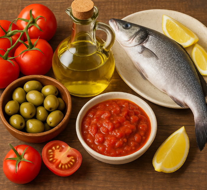 올리브유, 토마토, 생선사진