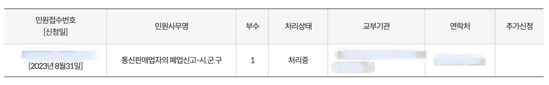 통신판매업 폐업 신청 상태를 보여줍니다.