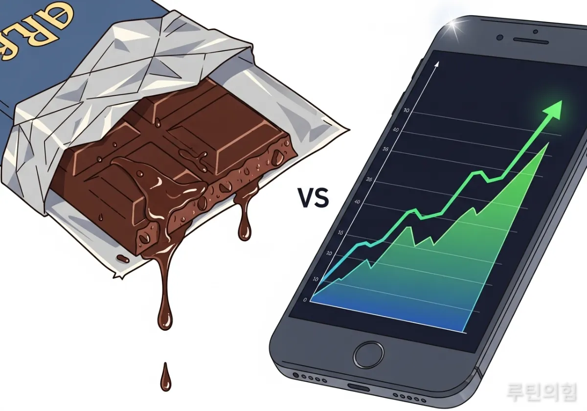 녹는 초콜릿과 상승하는 주식 그래프를 비교하여 소비와 투자의 차이를 보여주는 일러스트