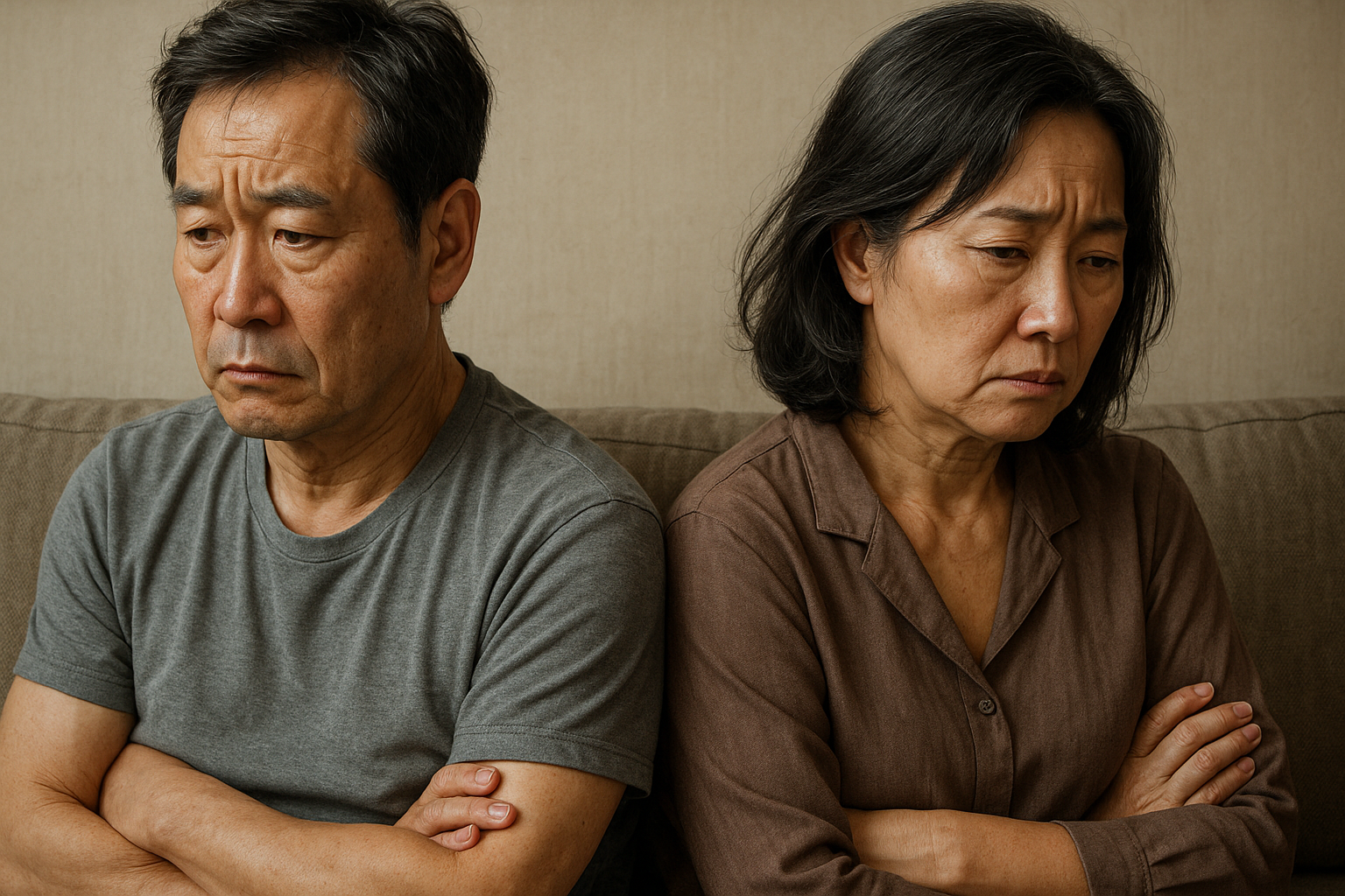 중장년 남녀가 이혼을 앞두고 좋지 않은 표정으로 살짝 등을 돌리고 있는 모습.