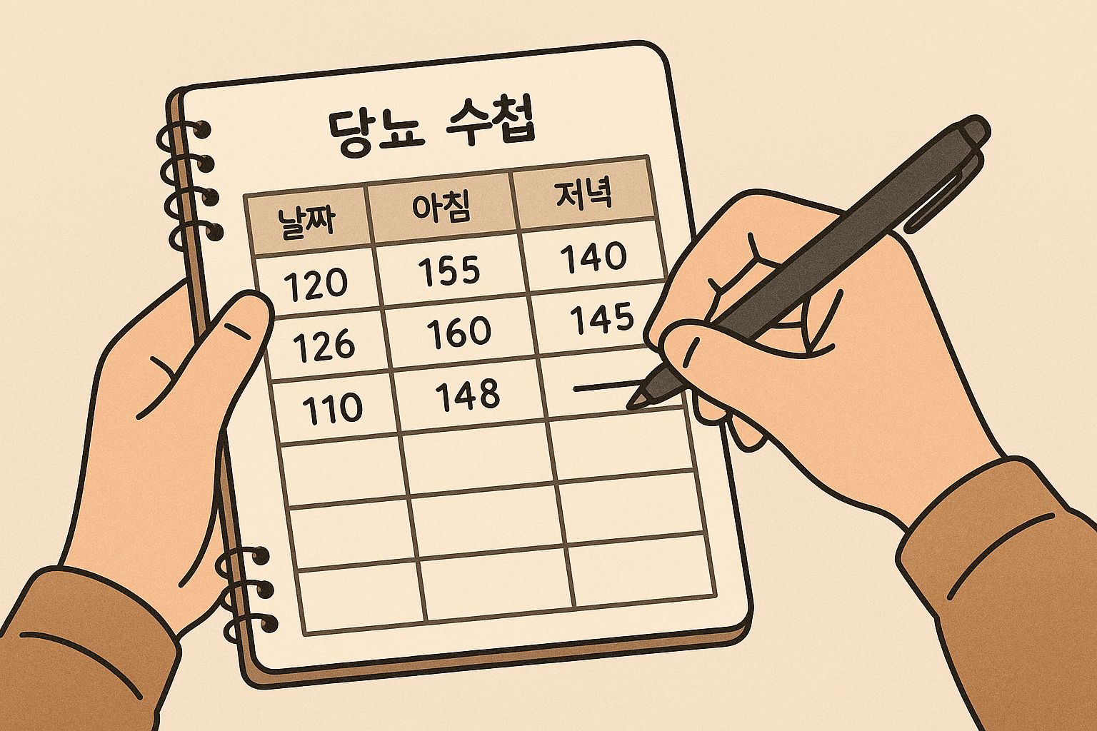 당뇨 수첩에 혈당 기록하는 손 이미지
