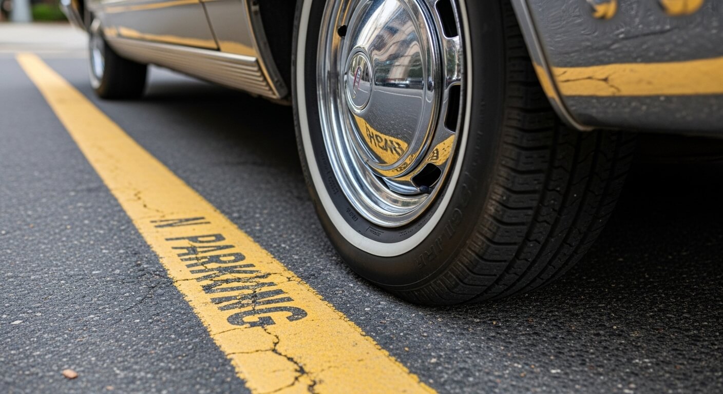 노란선 위에 정차된 자동차 바퀴 클로즈업