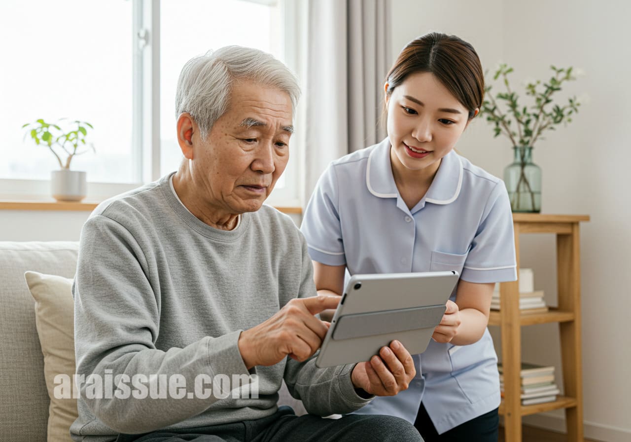 한국 노인이 태블릿 사용에 어려움을 겪고 있고, 옆에서 젊은 보호자가 도와주는 장면입니다. 재택진료의 한계 중 하나인 디지털 접근성 문제를 상징합니다.