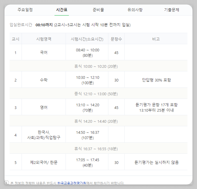 수능 시간표