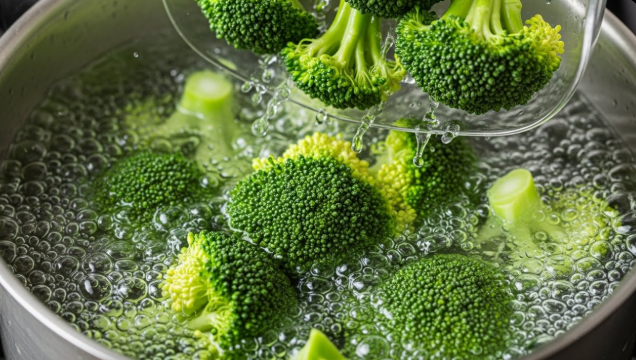 끓는 물에 브로콜리를 넣어 더욱 선명하고 진한 초록색으로 변하는 모습.